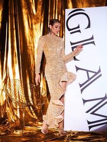 Elegant Formal Long Sleeve Dress With Ruffle Hem And Sequin Patchwork, Fitted Silhouette Wedding Spring Party - Gold - View 5