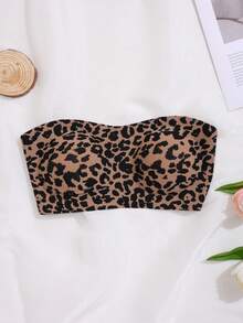 女士无缝豹纹衬垫文胸，无肩带，交叉后背设计，休闲舒适，简约薄纱，无钢圈，黑色，隐形基础款，可调节文胸，豹纹上衣 - 咖啡棕 - 查看 7