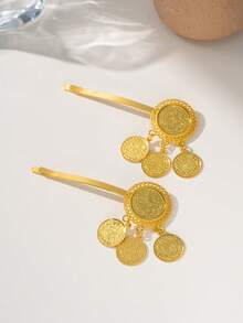 Herseygold 1 Pair Gold-Plated Turkish Coin Hair Clips, Middle Eastern Arabic Bride Totem Side Clips, Wedding Festival Women Headdress - Gold - View 1