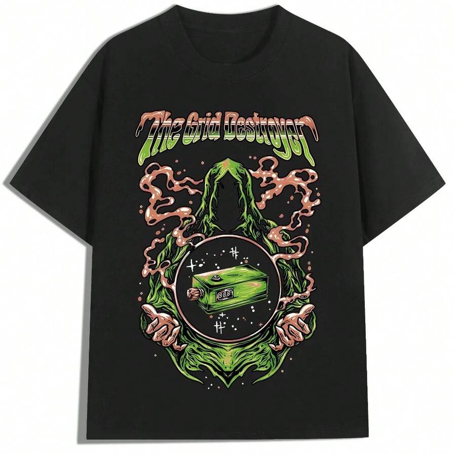 Camiseta de algodón para hombres inspirada en Y2K con estampado de mago sin rostro, camiseta casual y elegante de cuello redondo para atuendo casual - Negro - Ver 1