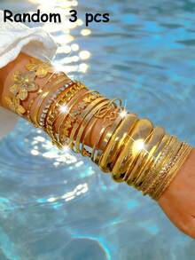 25-1件复古优雅硬币风格时尚金属几何不规则水钻花朵爱心蝴蝶结锤纹多层镂空宽手链套装，适合男女情侣派对结婚周年纪念礼物、日常佩戴 - 彩色 - 查看 11