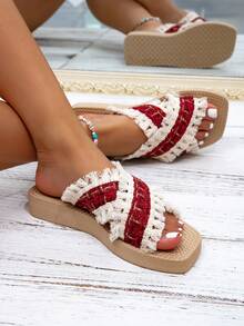 Damen 2025 Neue Mode Sommer/Frühling/Herbst Outdoor Tragen vielseitige sexy offene Zehenpartie flache Kreuzriemen leichte bequeme atmungsaktive rutschfeste Strand/Haus Pantoffeln - Rot - Übersicht 4