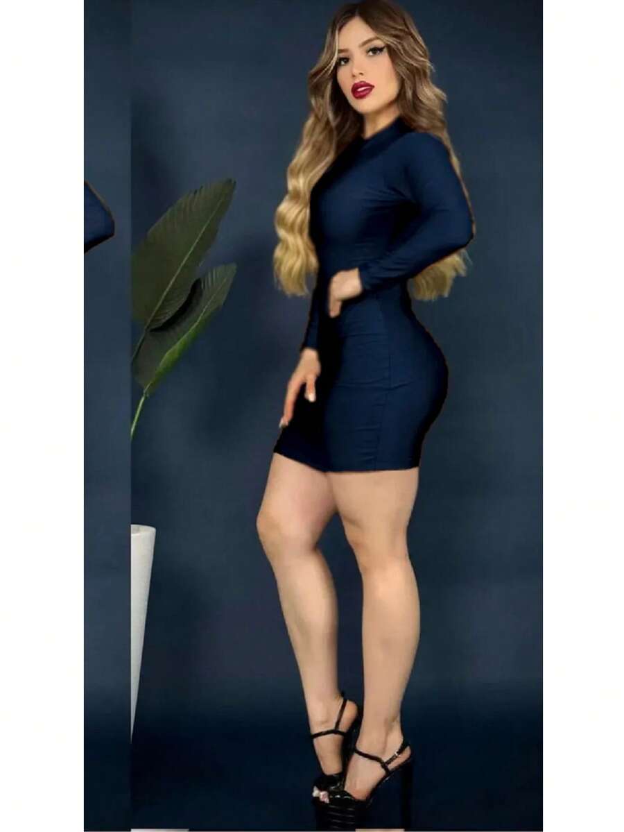 Vestido Corto Power Satin Manga Larga Ajustado D'Luz - Azul Marino - Ver 1