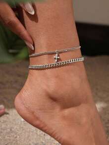 Tkool 2pcs/Set Women Anklet Set, Boho Summer Beach Vacation Layered Style, Copper Inlaid Cubic Zirconia Cross Pendant Curb Chain Double Layer Anklet Bracelet Accessory Gift - Silver - View 2
