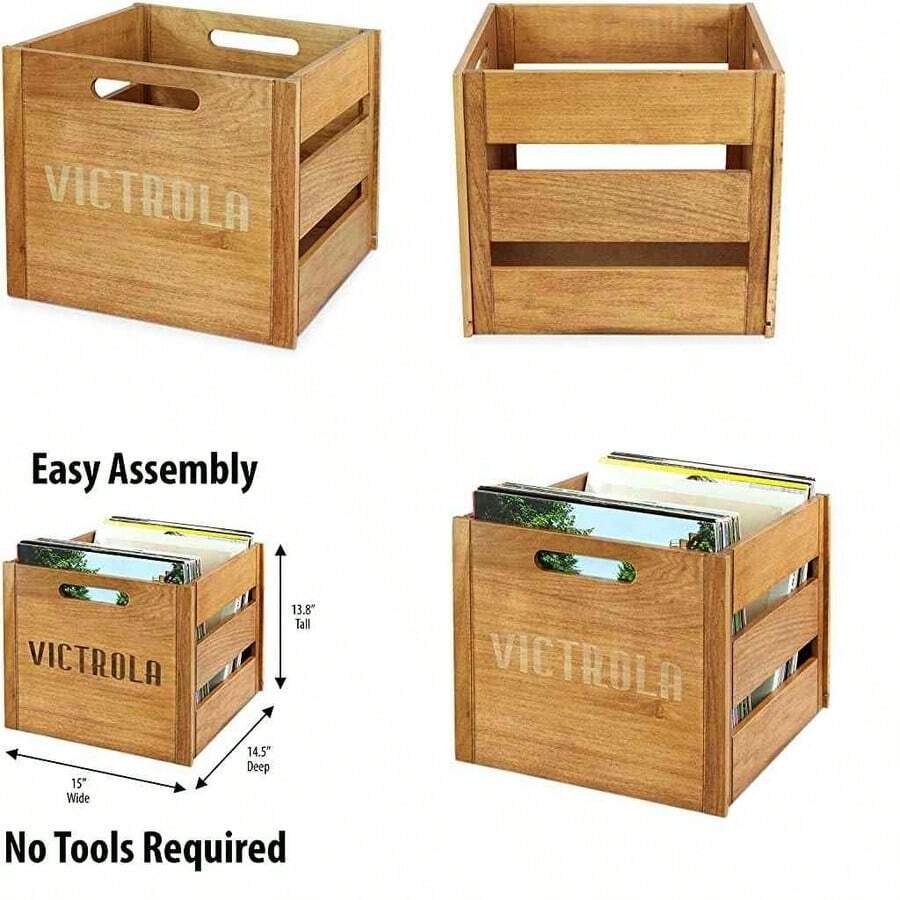 Victrola Caja de Madera para Discos de Vinilo, Rstico, Marrn, 14x13.25x11.75 Pulgadas, 5 Libras - roble - Ver 1