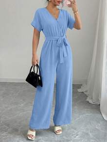 Women's Jumpsuit Casual Short Sleeve Wrap V Neck Belted Wide Leg Pants - 淺藍色 - 查看 1