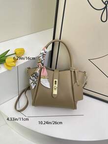 2pcs Spring New Fashion PU 2-Piece Bag Set, Women Handbag With Inner Pouch, Minimalist Commuting Shoulder Bag With Scarf Decor, Suitable For Ladies, Girls, Work Essential, Can Fit Phone, Wallet, Cosmetics - Khaki - View 11