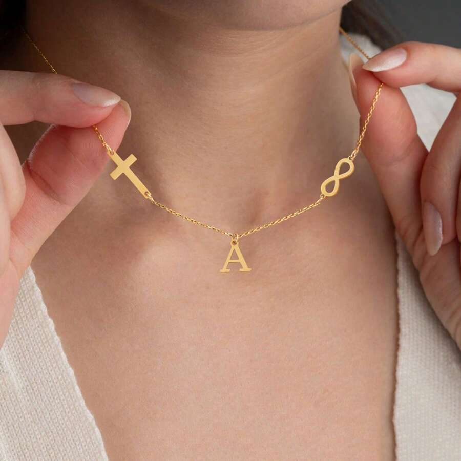 1pc New Fashion Initial Infinity Symbol Cross Pendants Golden Stainless Steel Chain Necklaces For Women - Yellow Gold - View 1