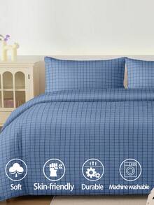 Bộ 2/3 món ga trải giường họa tiết caro màu xanh nhạt, mềm mại, thoáng khí, không nhăn, giúp ngủ ngon hơn, phong cách khách sạn sang trọng, quà tặng cho mẹ, bố, bạn bè, chăn bông hai màu có thể đảo mặt *1 vỏ gối *1/2 cỡ King, Queen, Full, Twin - Màu xanh bụi bặm - Xem 2