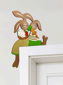 1 pieza Decoración de Pascua con tema de conejo y familia de madera, letrero colgante rústico para puerta, decoración de pared - Multicolor - Ver 5