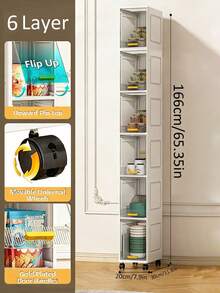 3/4/5/6 Layers Foldable Slim Bathroom Organizers And Storage, Plastic Tall Narrow Storage Cabinet With Movable Wheels, Opening Shelf Organizer For Small Spaces, Bathroom, Kitchen, Laundry - White - View 12