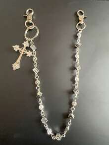 1pc Dice & Cross Patchwork Waist Chain, Fashionable Punk Personalized Street Hip-Hop Pant Chain, Unisex Retro - Ancient Silver - View 9