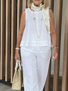 Loose Fit Sleeveless Top And Wide Leg Pants Set Casual Wrinkle-Free Two-Piece Outfit For Women - 白色 - 查看 2