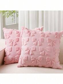 1/2 Pcs Bow Pillowcase Set Of Two Comfortable Room Decor Cute Faux Fur Soft Bow Without Padding Fluffy Plush Aesthetic Pillowcase Bed Sofa Sofa Sofa, Autumn Christmas Decoration (18 X 18 Inches, Pink) - 弓 - 查看 8