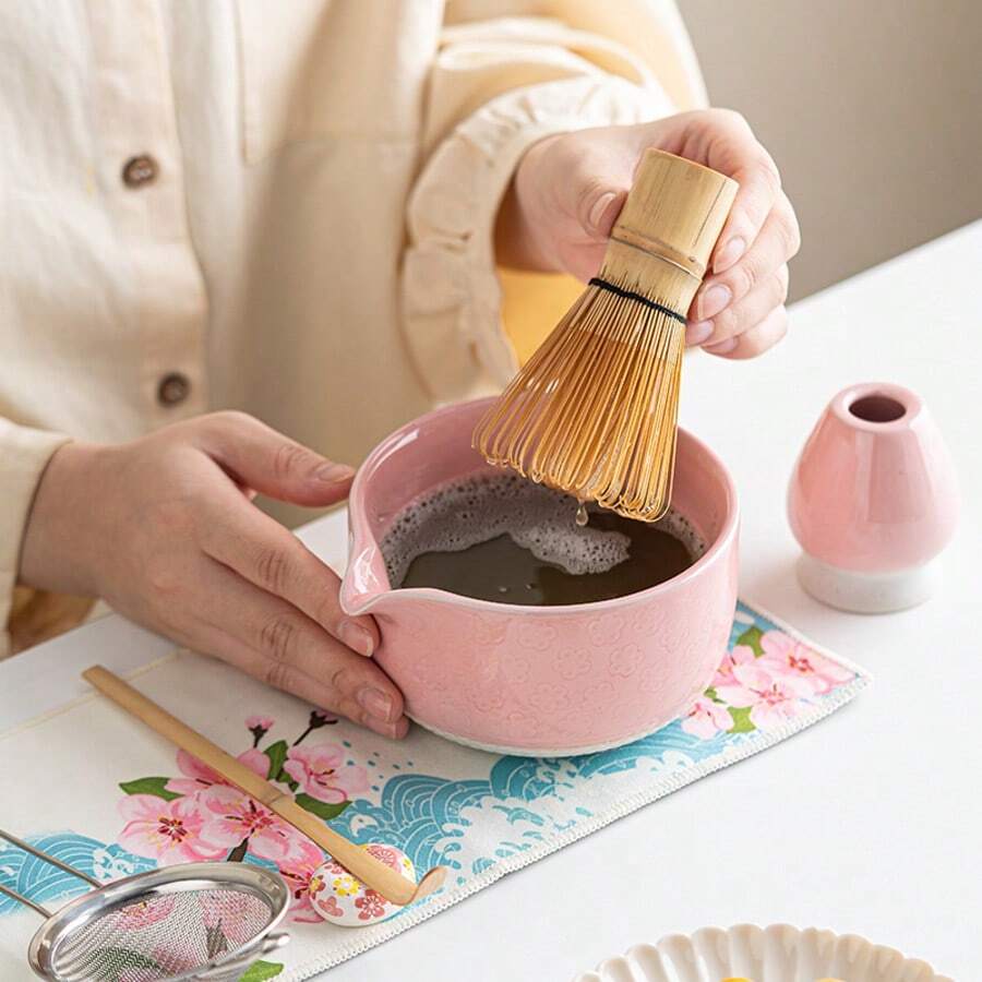 5-Piece Sakura Embossed Matcha Bowl Set, Includes Teaware Tools: Bamboo Whisk, Baking Bowl, Tea Cup, Stirrer - Multicolor - View 1
