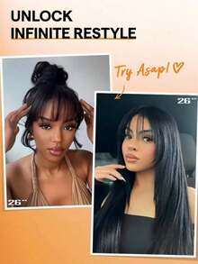 MECRY Elegant Black Synthetic Wig With Bangs - Medium Straight, Heat-Resistant, Natural Look For Cosplay & Daily Wear, 150% Density, Adjustable Cap - Natural & Black - View 6