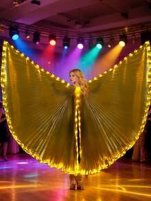 1 pieza Alas de danza del vientre iluminadas con LED, adecuadas para adultos, se pueden usar como accesorios de iluminación para fotos y fiestas, aplicables para varios festivales y escenarios de actuación, disfraz giratorio 360°, con varilla telescópica - Alas brillantes y divididas en oro - Ver 7