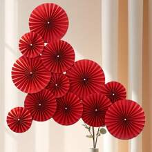 6/12件套 - 圆形红色纸扇装饰，适用于圣诞节家居装饰、派对生日装饰、背景墙装饰、桌面装饰、中国新年装饰、餐厅装饰 - 紅色 - 查看 14