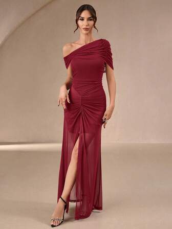 Women's Elegant & Sexy Autumn Bodycon Dress – Off-The-Shoulder Neckline, Fold-Over Shirred Details, Long-Sleeve, Draped Silhouette, Side-Slit Hem, Ideal For Dates, Clubs, Parties, Weddings, Birthdays, Country Concerts & Night Outs