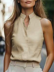 1件女士优雅无袖纯色衬衫背心，适合夏季办公室、度假、休闲、约会等场合。 - 淺杏色 - 查看 1