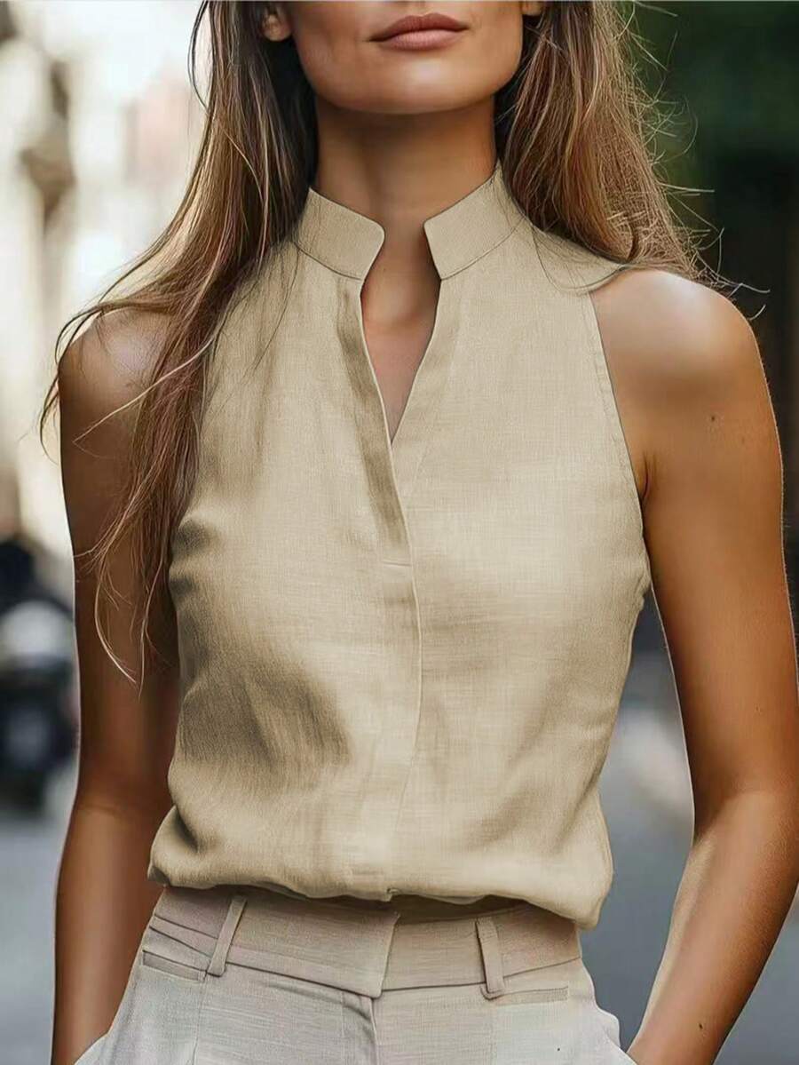 1件女士优雅无袖纯色衬衫背心，适合夏季办公室、度假、休闲、约会等场合。 - 淺杏色 - 查看 1