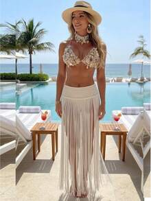 Awevudst Women's Crochet Knitted Swimwear Cover Up Long Maxi Skirts Wide Waistand High Waist Fringe Hem Beach Skirts Summer Swimwear Beachwear Vacation Bathing Suit Coverup Maxi Dress - 白色 - 查看 1