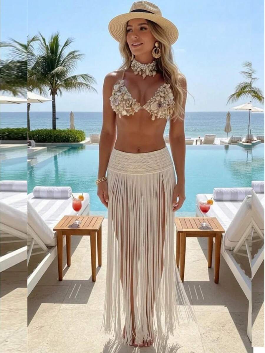 Awevudst Women's Crochet Knitted Swimwear Cover Up Long Maxi Skirts Wide Waistand High Waist Fringe Hem Beach Skirts Summer Swimwear Beachwear Vacation Bathing Suit Coverup Maxi Dress - 白色 - 查看 1