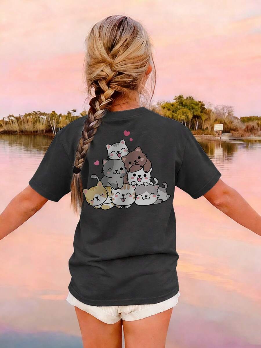 1pc Girls Casual Cat Print Round Neck Short Sleeve T-Shirt, Summer Student Young Clothing - Cute Cat Artistic Style T-Shirt Inspiring Imagination And Self-Expression, Valentine's Day - Dark Grey - View 1