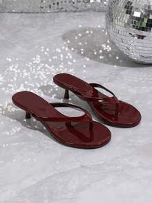 女士镜面人字拖高跟凉鞋，2026新款女士高跟鞋 - 酒紅色 - 查看 5