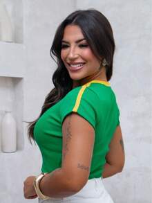 Baby Look Blouse Brazil Embroidered Stars Ribbed World Cup 2026 Vibe Contrasting Waist Beach Vacation - màu xanh lá - Xem 4