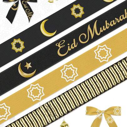 Ruy băng đen vàng hình trăng sao dài 5 thước, ruy băng trang trí hình trăng sao, ruy băng satin chữ hình trăng sao đen vàng, thích hợp để trang trí lễ hội Trung Đông, gói quà tặng tiệc tùng, trang trí thủ công.