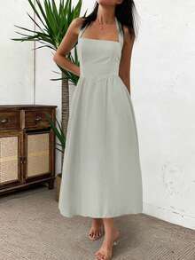 女士春夏无袖拉链褶皱连衣裙，休闲优雅风格，适合海滩、度假、约会、音乐节、情人节、生日派对等场合。 - 灰綠 - 查看 6