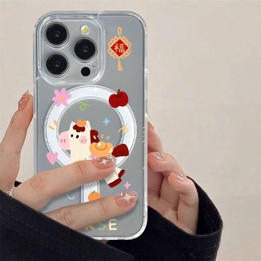 Cartoon horse phone case suitable for 17 16 16E 15 14 13 12 11 Pro Max 17 Air 16 Plu Transparent magnetic suction is simple and elegant, easy to charge, and acrylic material has a better hand feel - SKU1-1549WXcaballo de dibujos animados - Ver 1