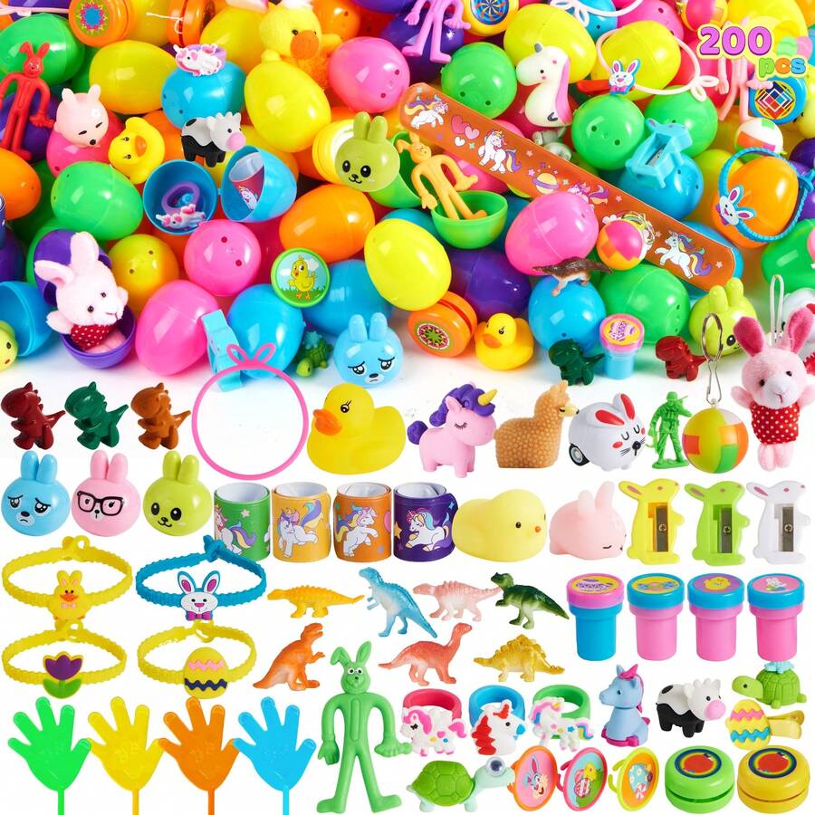 Syncfun 200 Pcs Prefilled Easter Eggs With Toys Plus Stickers, Easter Eggs Filled With Assorted Toys For Easter Eggs Hunt, Easter Basket Stuffers Fillers, Easter Party Favor - 彩色 - 查看 1