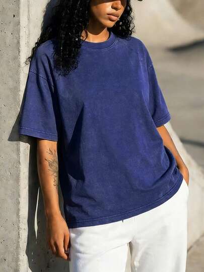 Vintage Washed Solid Color Short Sleeve T-Shirt For Women, Casual Round Neck Tops