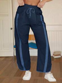 Women's Camping Wide Leg Sweatpants Baggy Fit Drawstring Elastic Waist Quick-Dry Fabric For Outdoor Hiking Y2K Athletic Pants - 藏蓝色 - 查看 6