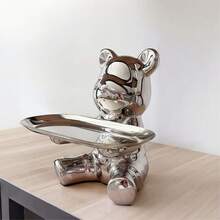 1pc Ceramic Cute Bear Decor With Silver Tray, Living Room Foyer Key Holder Tray, Cabinet Tabletop Decoration, Piggy Bank