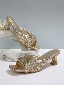 女士高跟凉鞋，度假风编织镂空蝴蝶结一体式套脚露趾方头高跟凉鞋，夏季 - 金色 - 查看 7