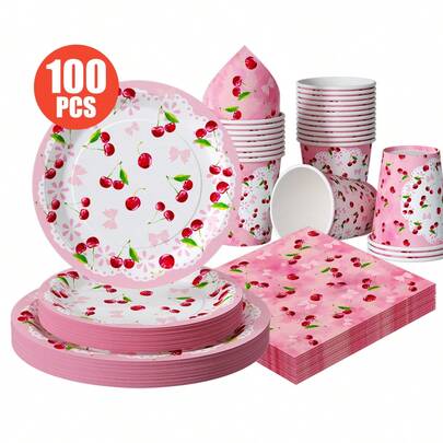 White Base Pink Bow & Cherry Disposable Plates, Napkins, Cups - One-Time Party Supplies Set, Fits 25 Guests, Disposable Paper Plates Party Tableware Suitable For Birthday, Wedding, Theme Party, Family Picnic