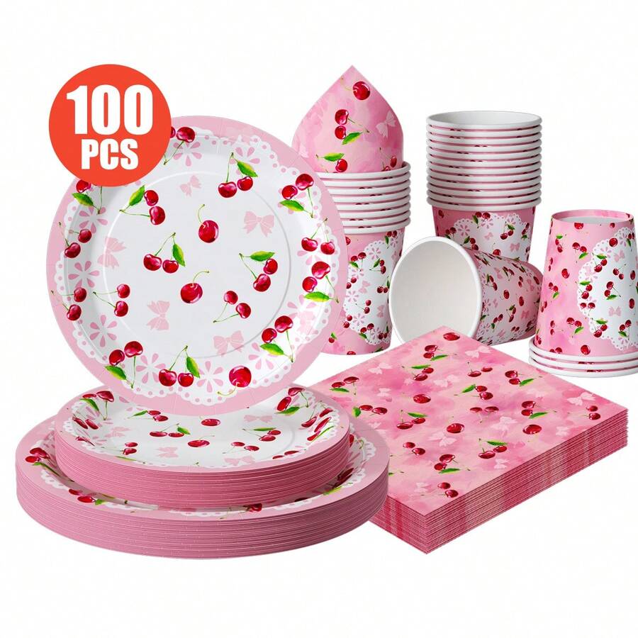 White Base Pink Bow & Cherry Disposable Plates, Napkins, Cups - One-Time Party Supplies Set, Fits 25 Guests, Disposable Paper Plates Party Tableware Suitable For Birthday, Wedding, Theme Party, Family Picnic - Multicolor - View 1