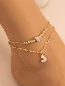 1pc Double Layer Heart Crystal Anklet, Fashionable & Minimalist Jewelry For Women