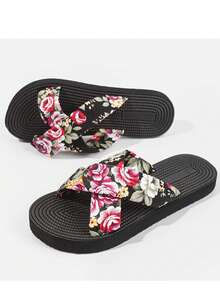 女士印花沙滩拖鞋，交叉绑带凉鞋，适合沙滩、度假、户外活动，四季皆宜