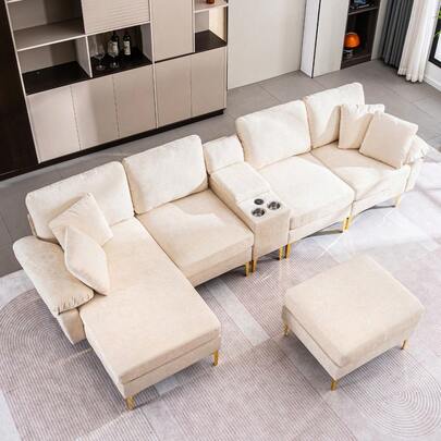 U-Shaped Cloud-Shaped Sofa Set-Up Sectional Sofa, Size 125.9", Chenille Fabric, Equipped With A Single Reclining Chair And A Movable Footstool, Modern Modular Sofa, With A USB Interface In The Center