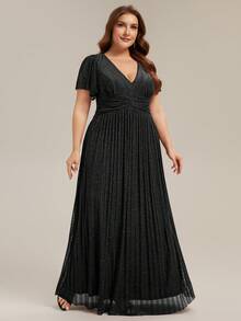 Plus Size Deep V Neck Ruffle Sleeve Sexy Evening Maxi Dress, Party Dress, Wedding Guest Dress, Formal Dress, Gown - Black - View 4