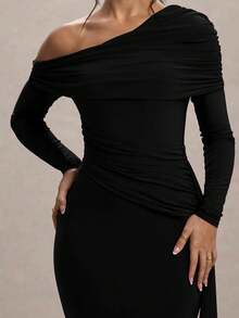 女士纯色不对称荷叶边系带设计优雅收腰鸡尾酒会礼服