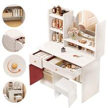 El Dormitorio Cuenta con un Tocador de Dos Cajones en un Estilo Minimalista Moderno, Completo con un Espejo, Tres Gabinetes de Almacenamiento y Estantes - Blanco - Ver 11