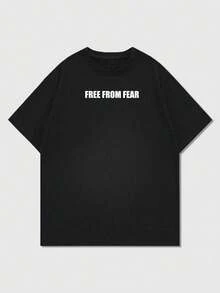 Camiseta de manga corta de cuello redondo con estampado inglés holgada para hombre | Diseño exquisito | Esencial de verano | Fácil de combinar - Negro - Ver 4