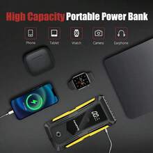 Caja de herramientas de mantenimiento automotriz universal de 12V, arrancador de emergencia multifuncional, batería recargable de polímero de litio portátil, equipada con pantalla digital + carga rápida USB + linterna LED (tres funciones prácticas) - Amarillo - Ver 5