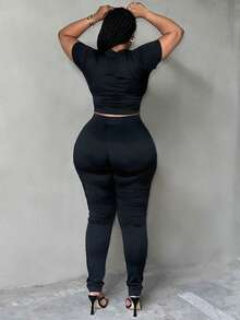 LovelyWholesale 大码女式纯色性感镂空水钻装饰情人节短袖上衣和裤子两件套黑色夏季优雅 - 黑色 - 查看 2