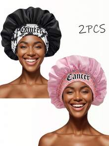 2件装缎面十二生肖印花睡帽，缎面丝绸睡帽，适合女孩睡眠，丝绸睡帽，带松紧带的卷发睡帽。（印花图案随机。）头发睡眠帽 睡眠帽 - (黑+粉)-星座-2pcs - 查看 15